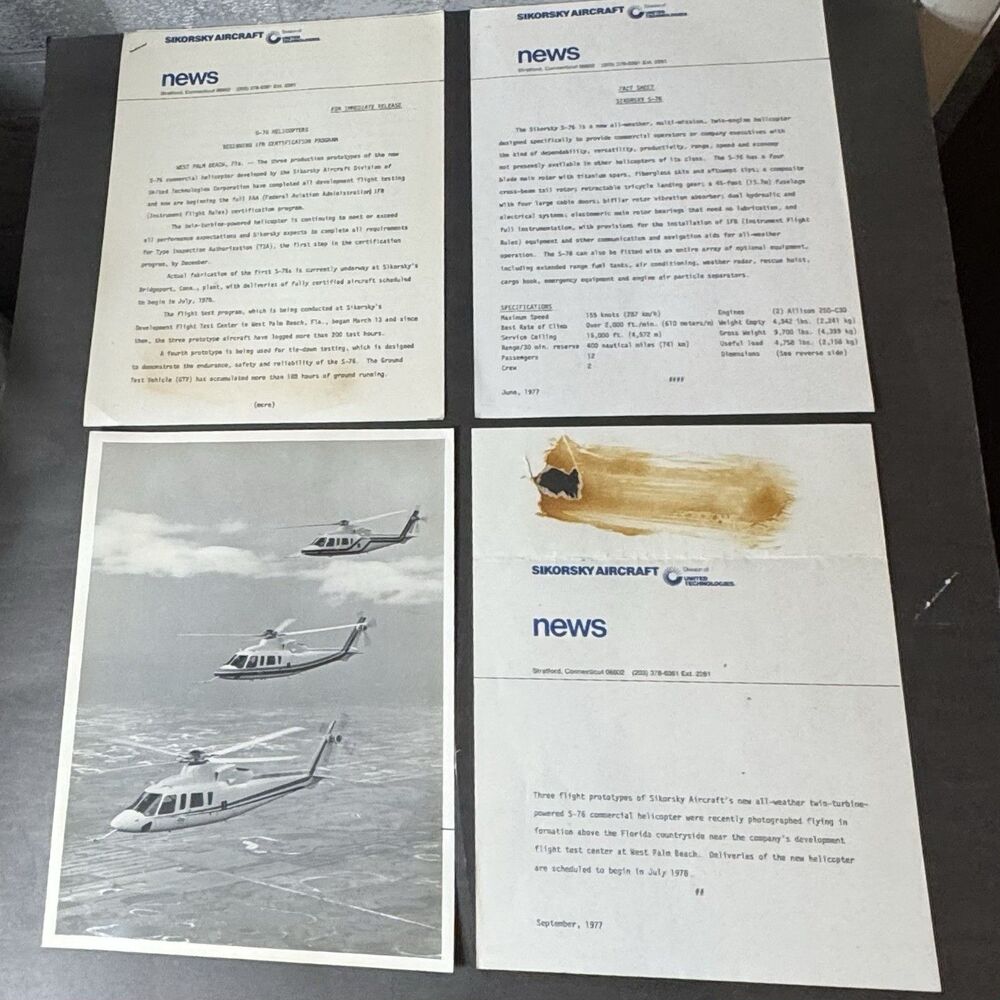 1977 Sikorsky S-76 Press Kit Photos News Releases Fact Sheets Aviation VTG OEM